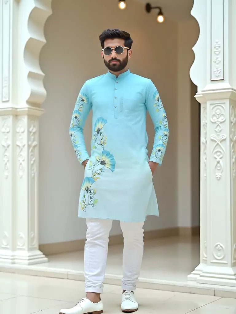 Image of Firozi Coloured Multi Floral Printed Cotton Kurta Set - South India Shopping Mall