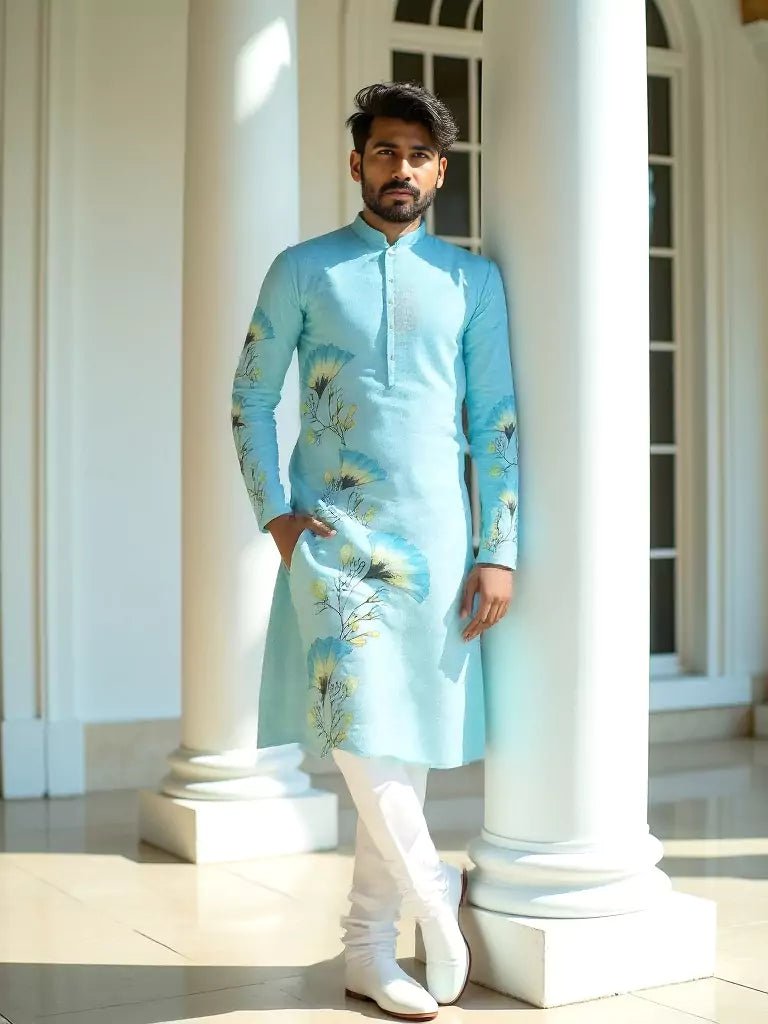 Image of Firozi Coloured Multi Floral Printed Cotton Kurta Set - South India Shopping Mall