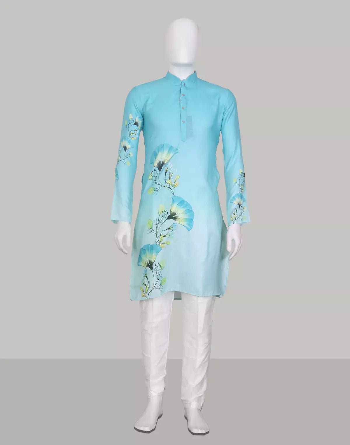 Image of Firozi Coloured Multi Floral Printed Cotton Kurta Set - South India Shopping Mall