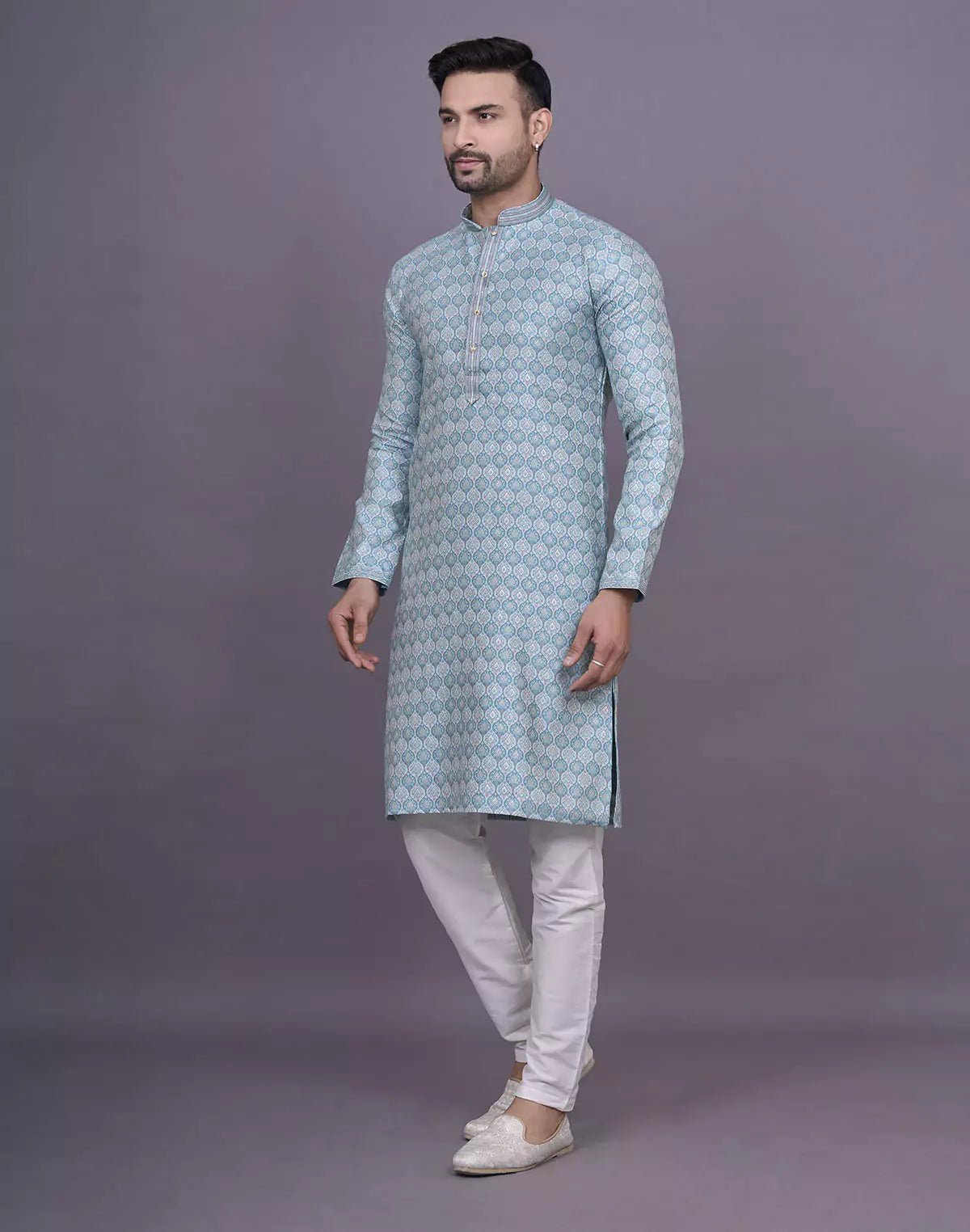 Image of Firozi Floral Weaving Design Raw Silk Kurta Pyjama Set - South India Shopping Mall