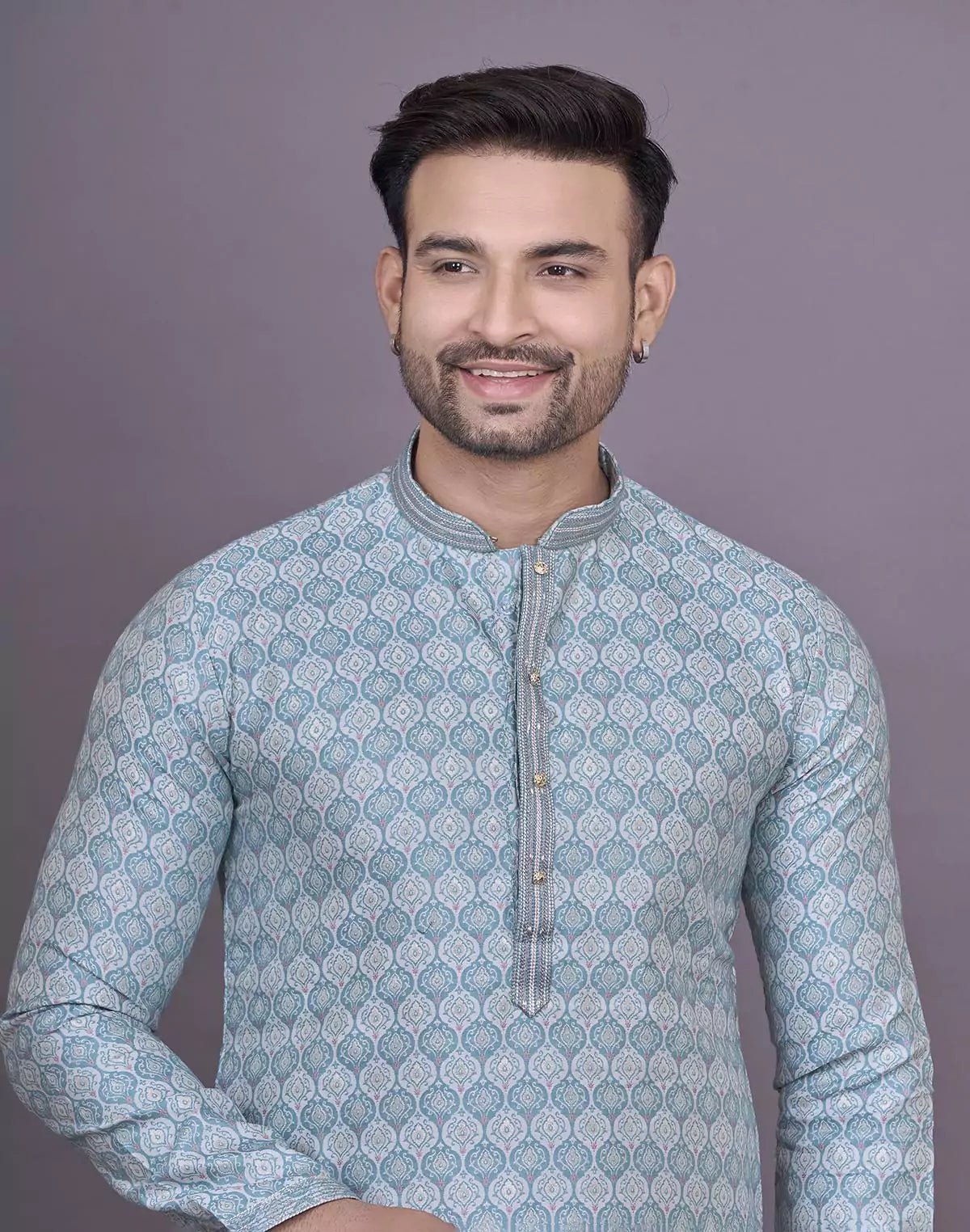 Image of Firozi Floral Weaving Design Raw Silk Kurta Pyjama Set - South India Shopping Mall
