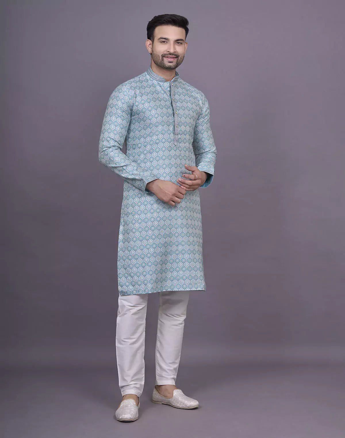 Image of Firozi Floral Weaving Design Raw Silk Kurta Pyjama Set - South India Shopping Mall