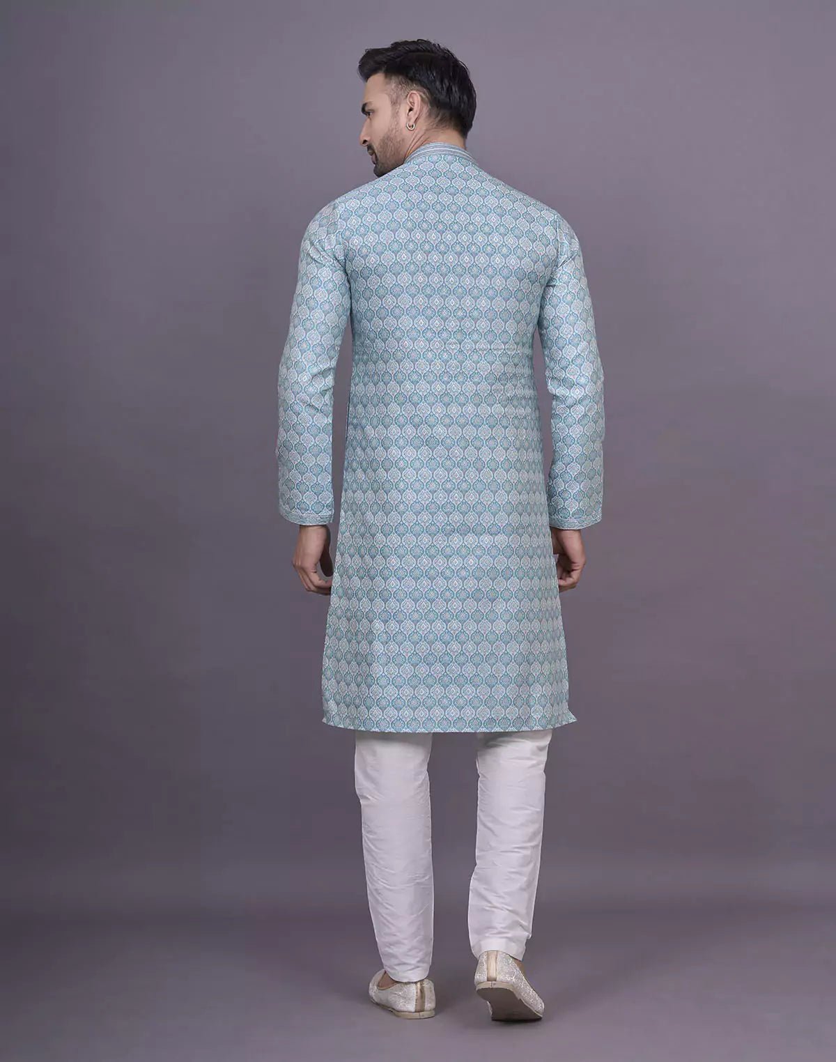Image of Firozi Floral Weaving Design Raw Silk Kurta Pyjama Set - South India Shopping Mall