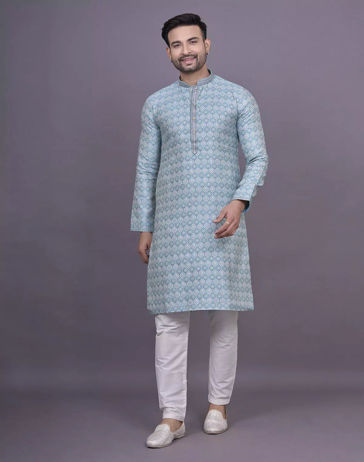 Image of Firozi Floral Weaving Design Raw Silk Kurta Pyjama Set - South India Shopping Mall