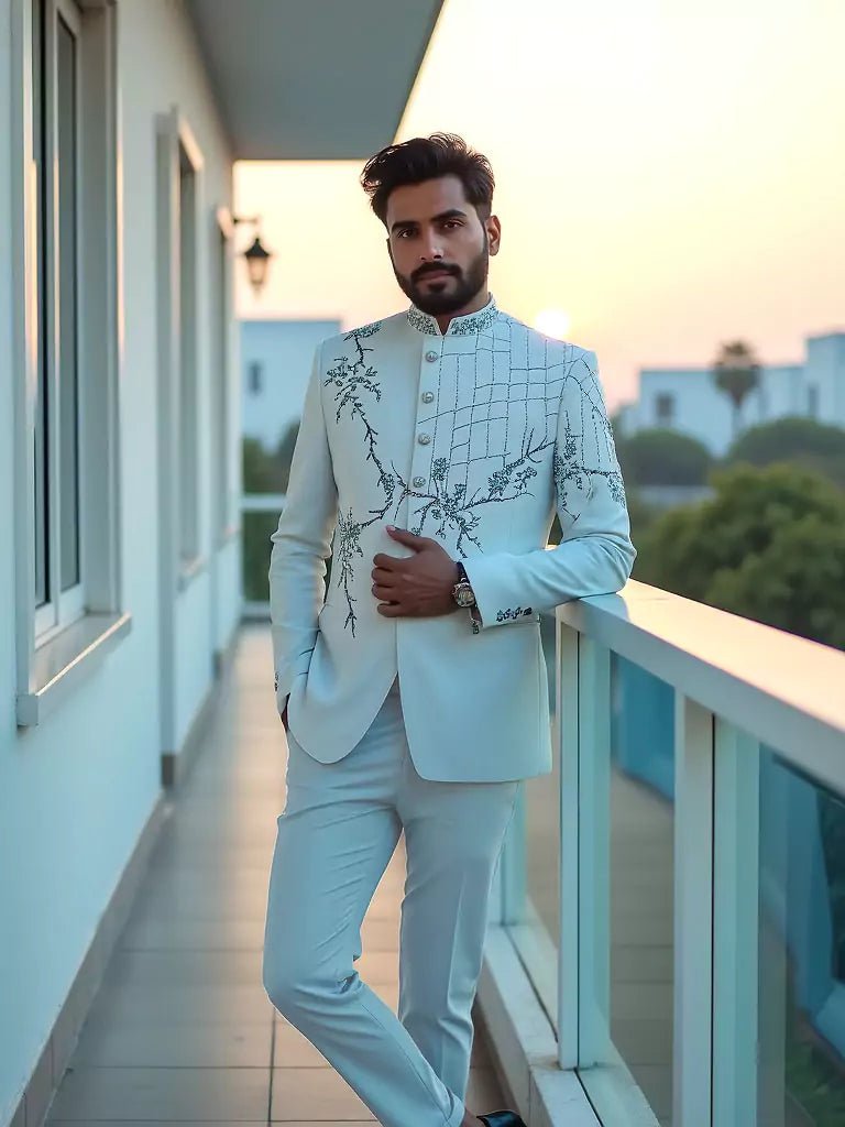 Image of Floral Design Cutdana with Pearls work Polynosic Sea Green Bandhgala - South India Shopping Mall