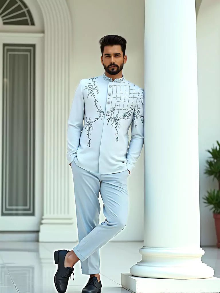 Floral Design Cutdana with Pearls work Polynosic Sea Green Bandhgala - South India Shopping Mall