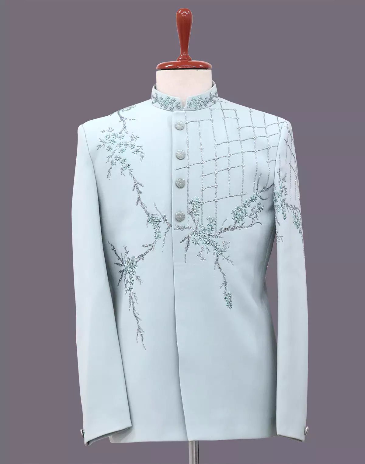 Image of Floral Design Cutdana with Pearls work Polynosic Sea Green Bandhgala - South India Shopping Mall