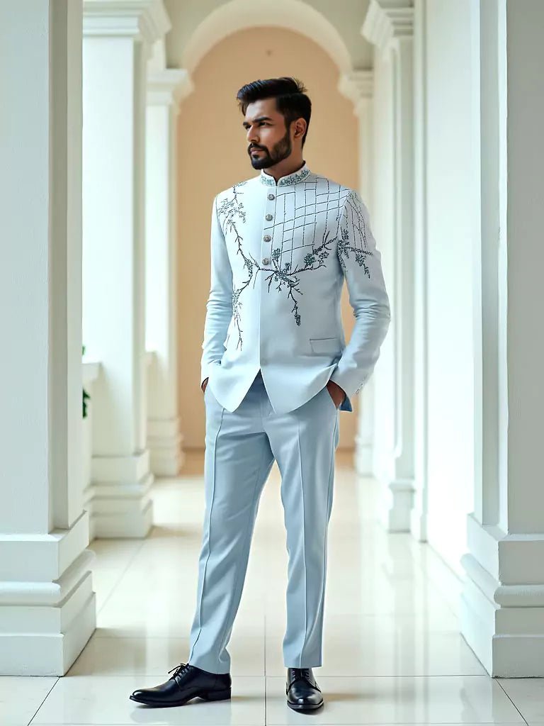Image of Floral Design Cutdana with Pearls work Polynosic Sea Green Bandhgala - South India Shopping Mall