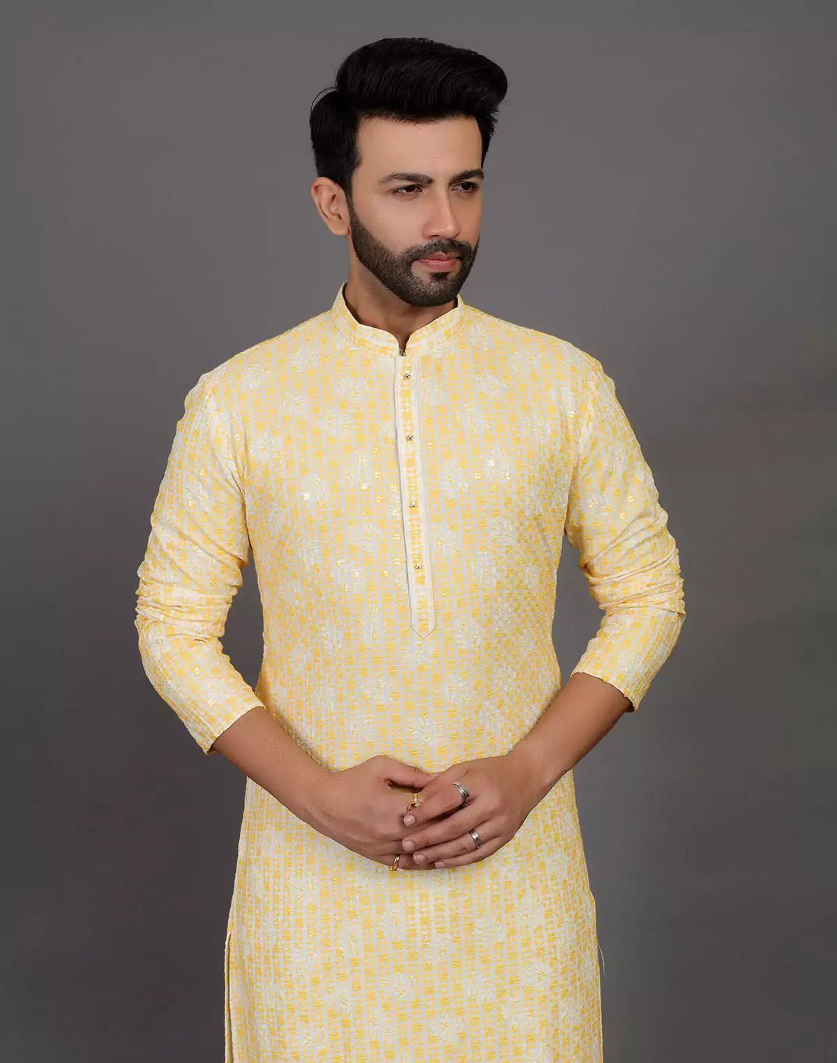 Image of Floral design embroidery work cotton silk yellow color kurta pyjama set - South India Shopping Mall