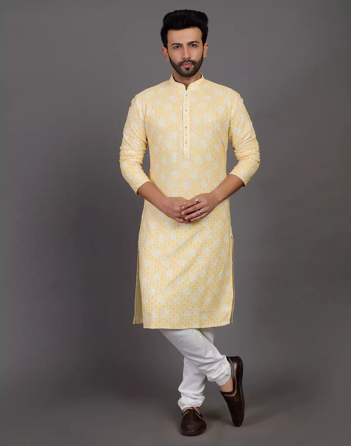 Image of Floral design embroidery work cotton silk yellow color kurta pyjama set - South India Shopping Mall