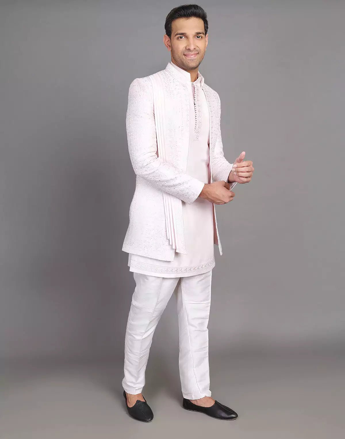 Image of Floral Design Embroidery Work Pink Raw Silk Indo Open Jacket With Dupatta - South India Shopping Mall