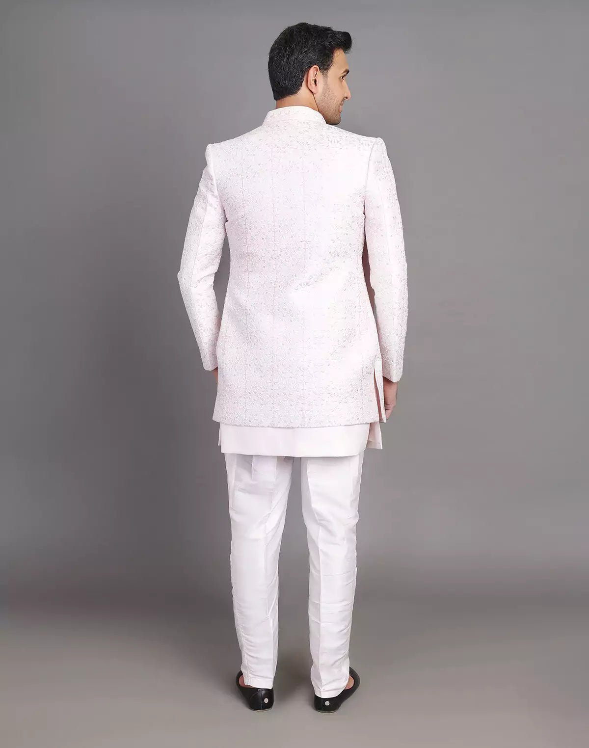 Image of Floral Design Embroidery Work Pink Raw Silk Indo Open Jacket With Dupatta - South India Shopping Mall