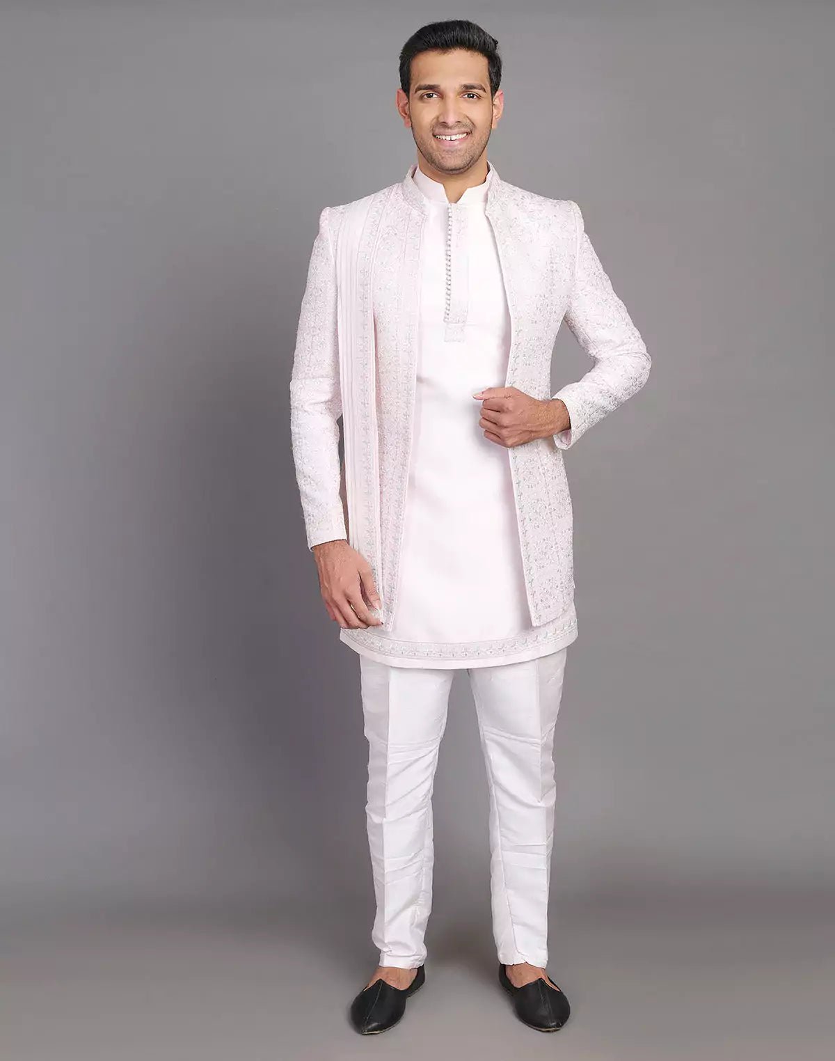 Image of Floral Design Embroidery Work Pink Raw Silk Indo Open Jacket With Dupatta - South India Shopping Mall