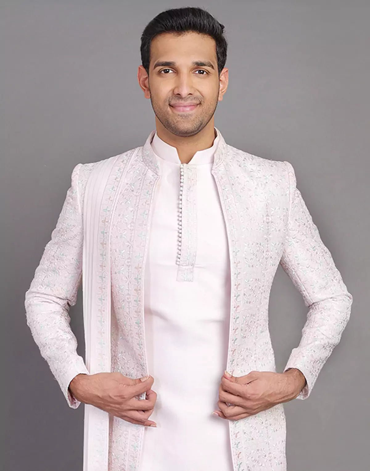 Image of Floral Design Embroidery Work Pink Raw Silk Indo Open Jacket With Dupatta - South India Shopping Mall