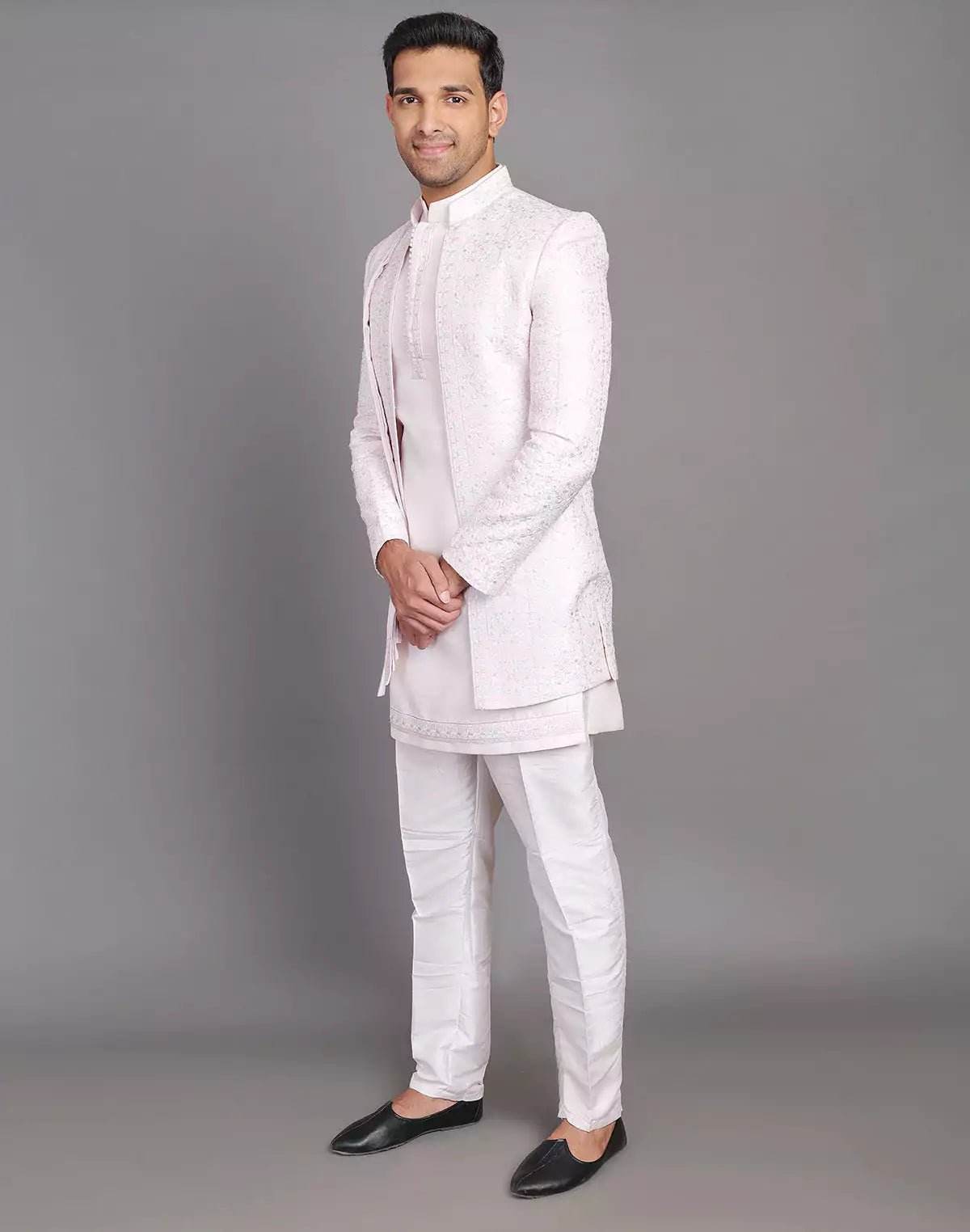 Image of Floral Design Embroidery Work Pink Raw Silk Indo Open Jacket With Dupatta - South India Shopping Mall