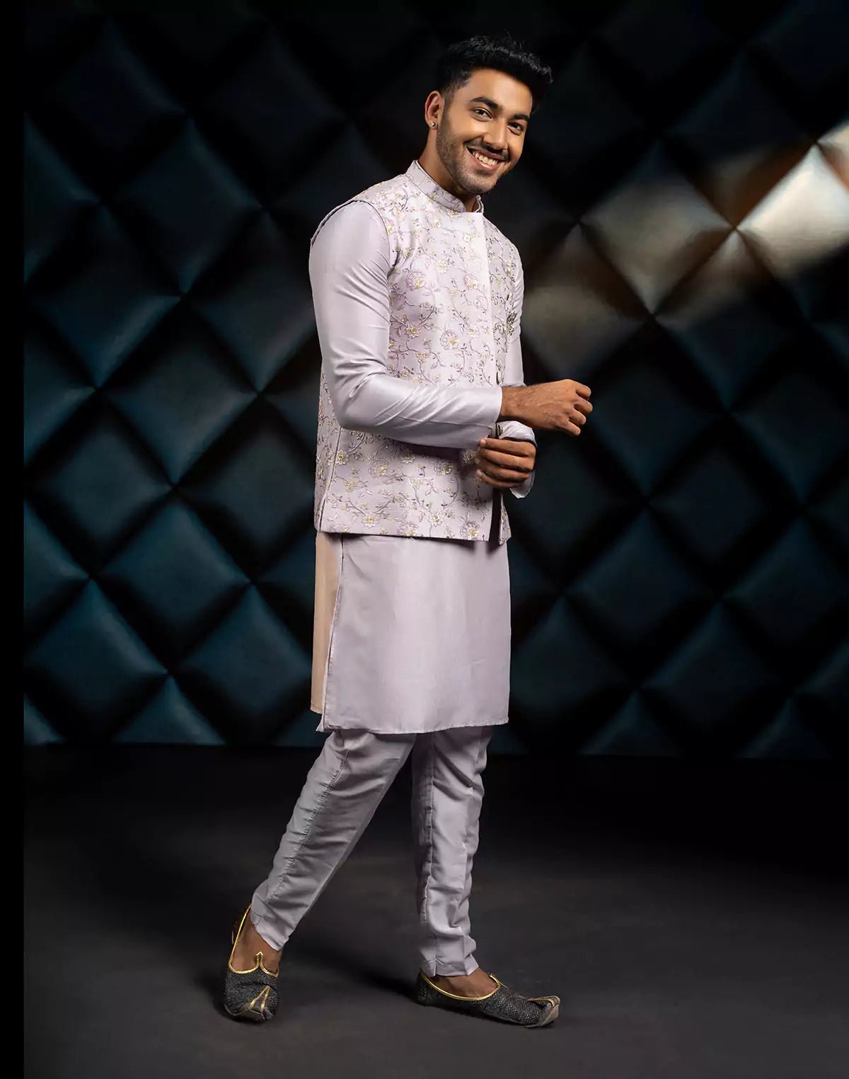 Image of Floral Design Grey All Over Embroidery Work Jacquard Kurta Jacket Set - South India Shopping Mall