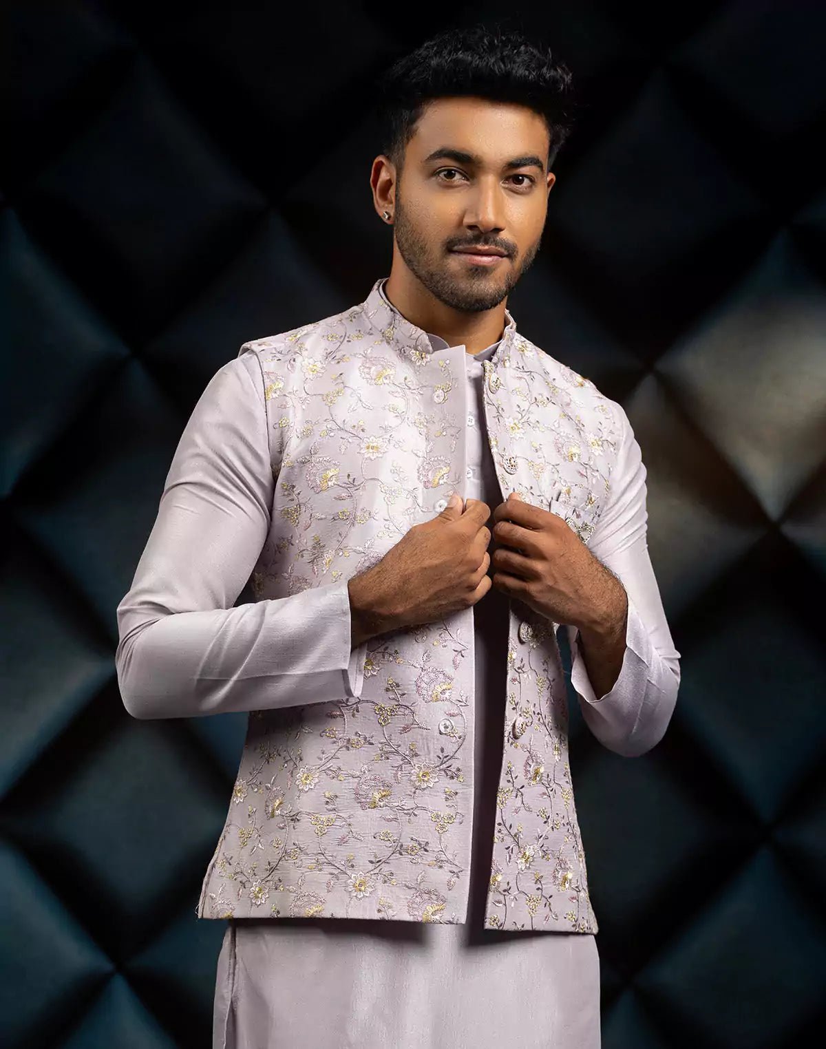 Image of Floral Design Grey All Over Embroidery Work Jacquard Kurta Jacket Set - South India Shopping Mall