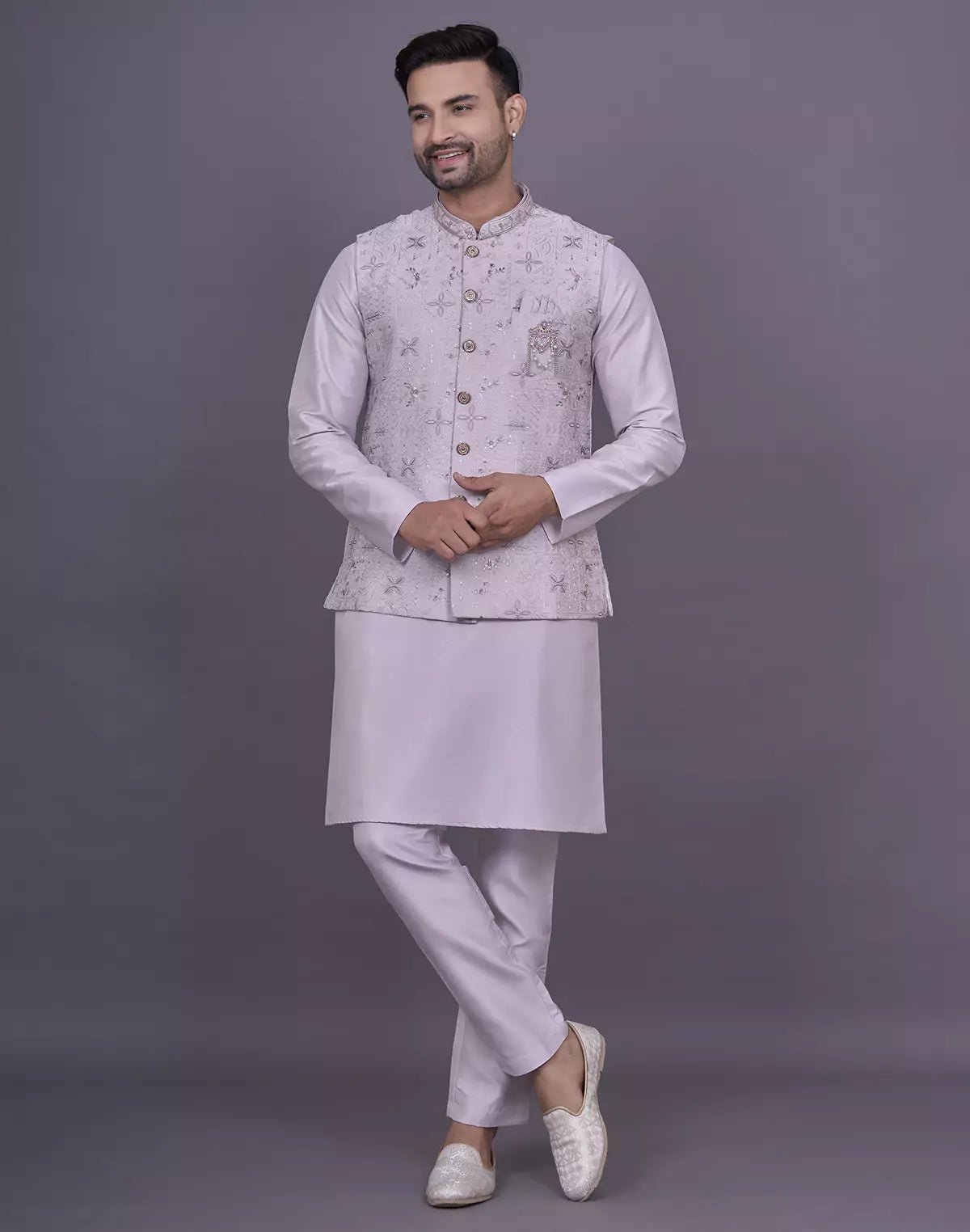Image of Floral Design Lavender Thread Embroidery work Raw Silk Kurta Jacket Set - South India Shopping Mall