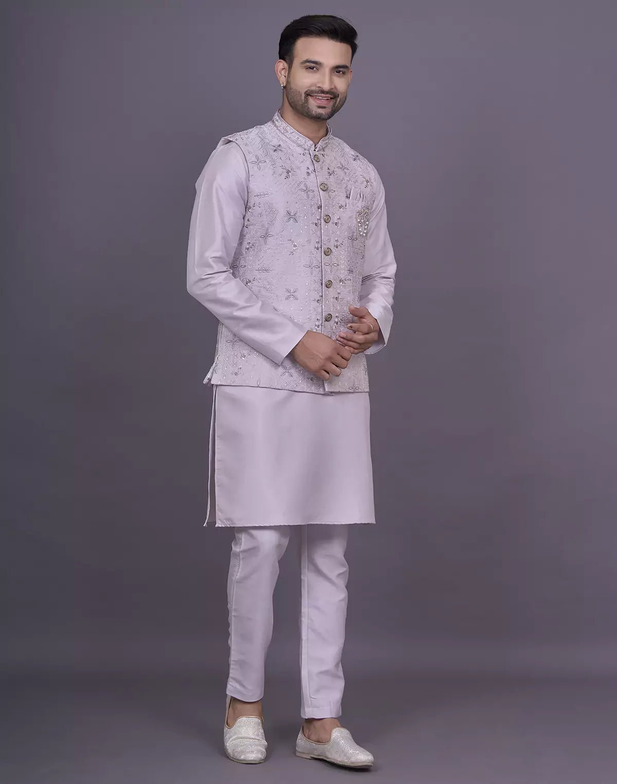 Image of Floral Design Lavender Thread Embroidery work Raw Silk Kurta Jacket Set - South India Shopping Mall