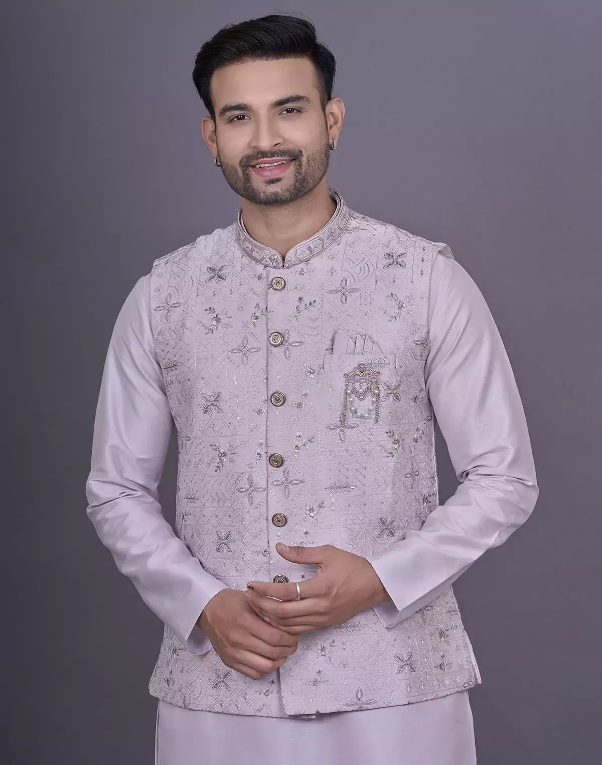 Image of Floral Design Lavender Thread Embroidery work Raw Silk Kurta Jacket Set - South India Shopping Mall
