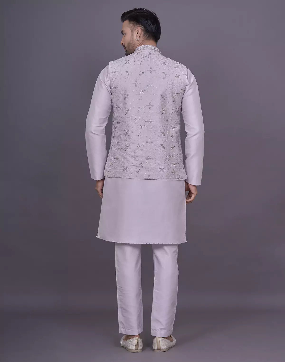 Image of Floral Design Lavender Thread Embroidery work Raw Silk Kurta Jacket Set - South India Shopping Mall