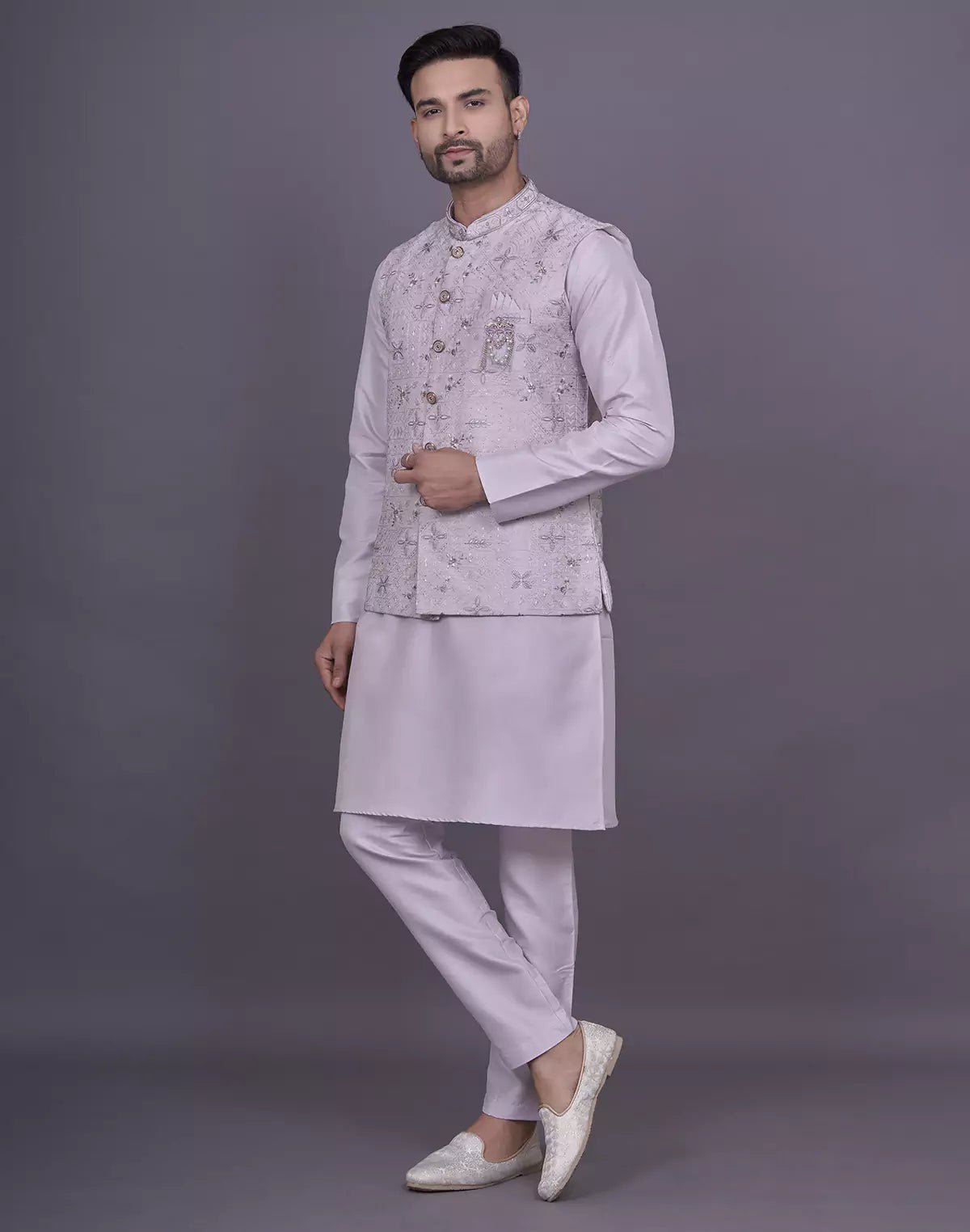 Image of Floral Design Lavender Thread Embroidery work Raw Silk Kurta Jacket Set - South India Shopping Mall