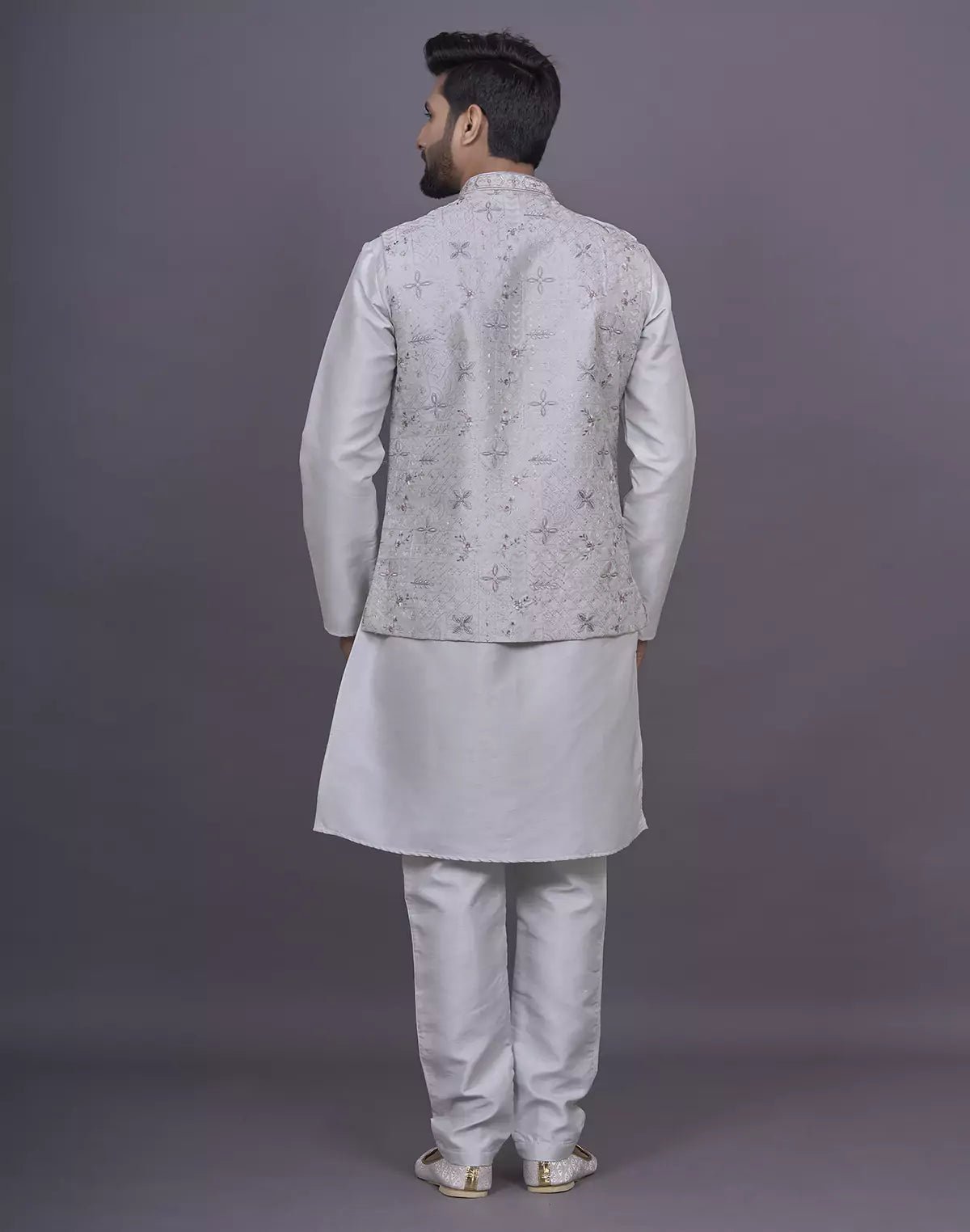 Image of Floral Design Light Pista Thread Embroidery work Raw Silk Kurta Jacket Set - South India Shopping Mall