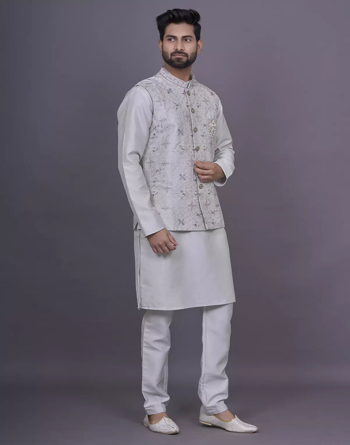 Image of Floral Design Light Pista Thread Embroidery work Raw Silk Kurta Jacket Set - South India Shopping Mall