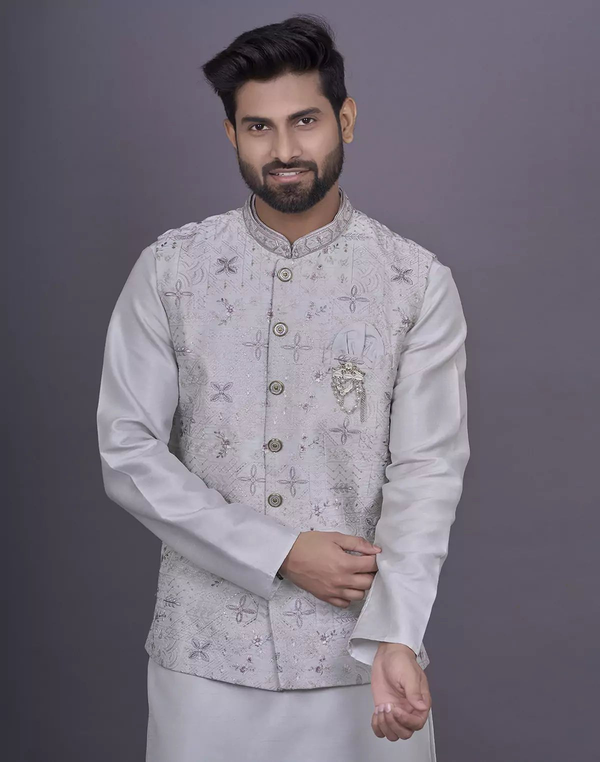 Image of Floral Design Light Pista Thread Embroidery work Raw Silk Kurta Jacket Set - South India Shopping Mall