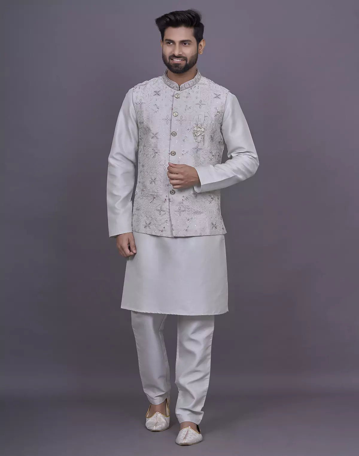 Image of Floral Design Light Pista Thread Embroidery work Raw Silk Kurta Jacket Set - South India Shopping Mall