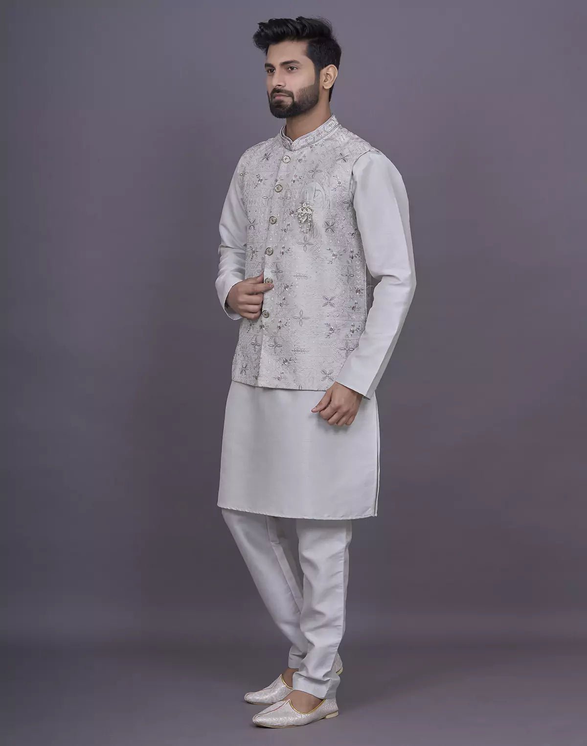 Image of Floral Design Light Pista Thread Embroidery work Raw Silk Kurta Jacket Set - South India Shopping Mall