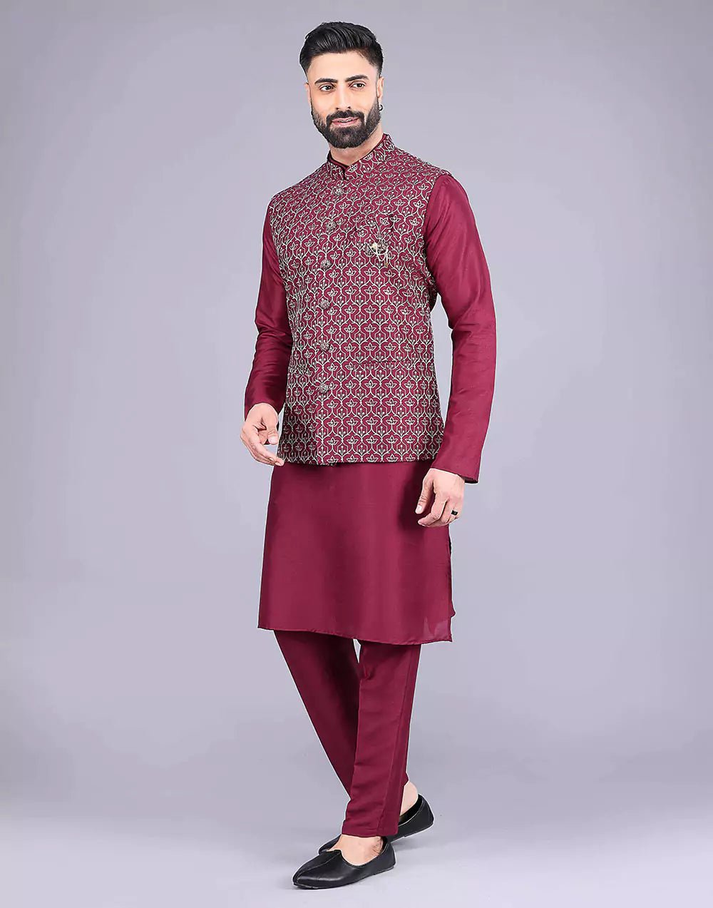 Image of Floral Design Maroon Embroidery Work Jacquard Kurta Set - South India Shopping Mall