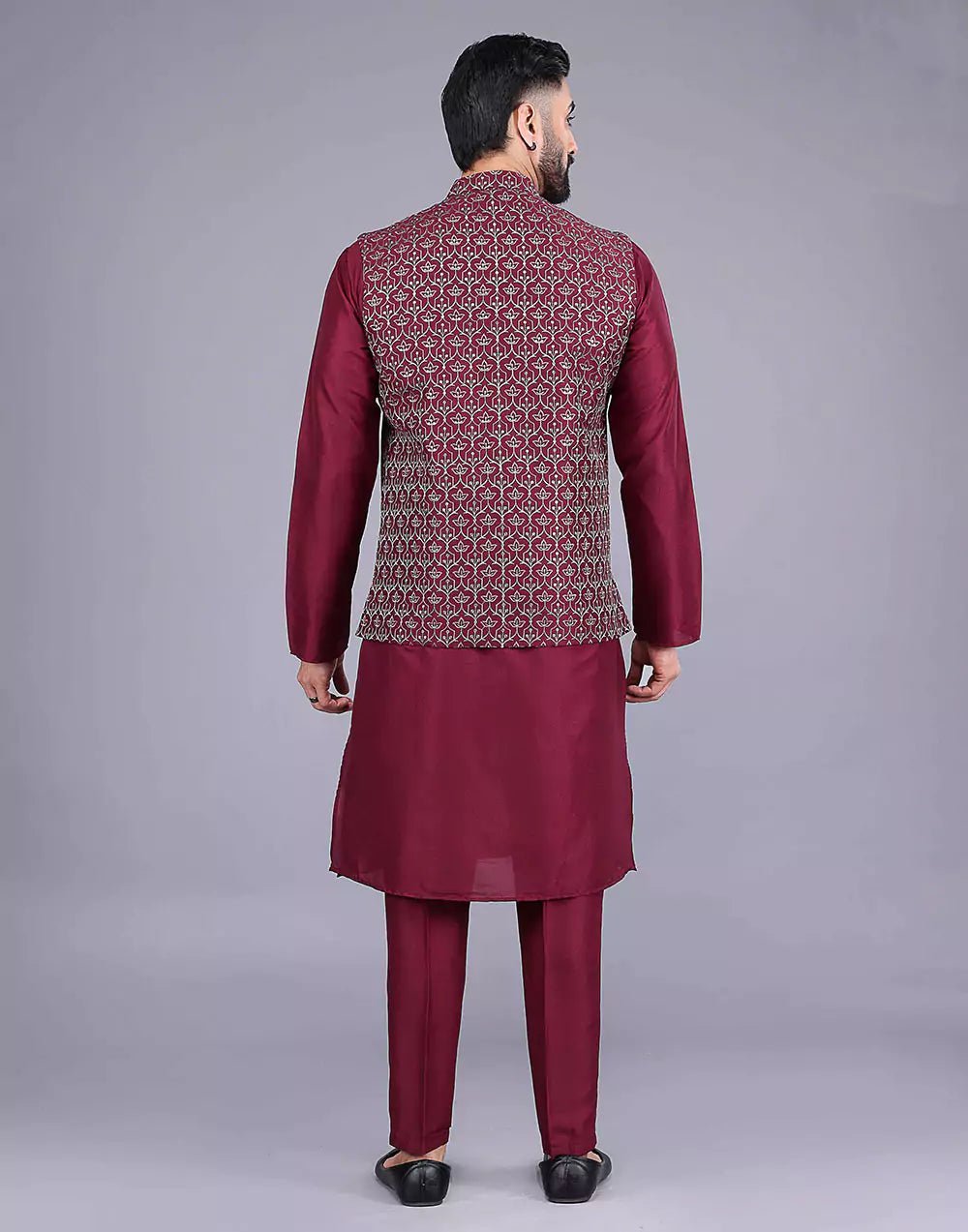 Image of Floral Design Maroon Embroidery Work Jacquard Kurta Set - South India Shopping Mall