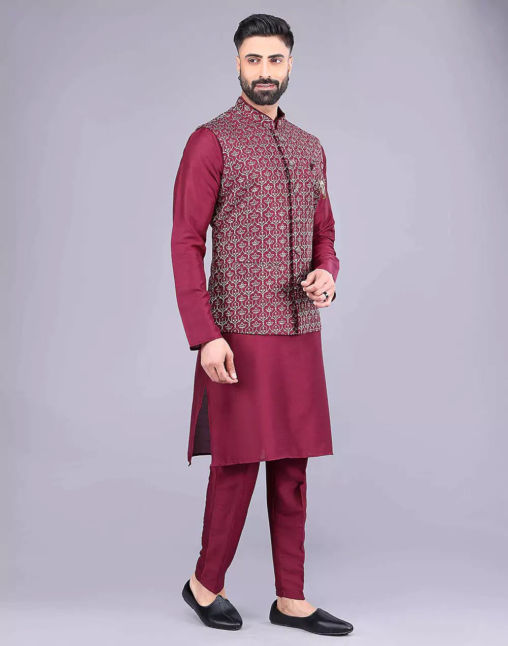 Image of Floral Design Maroon Embroidery Work Jacquard Kurta Set - South India Shopping Mall