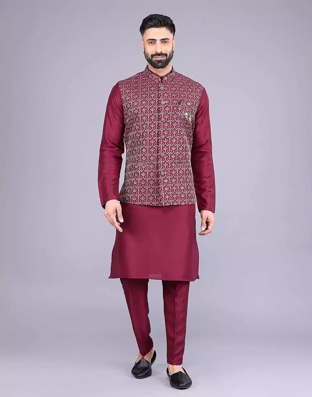 Image of Floral Design Maroon Embroidery Work Jacquard Kurta Set - South India Shopping Mall