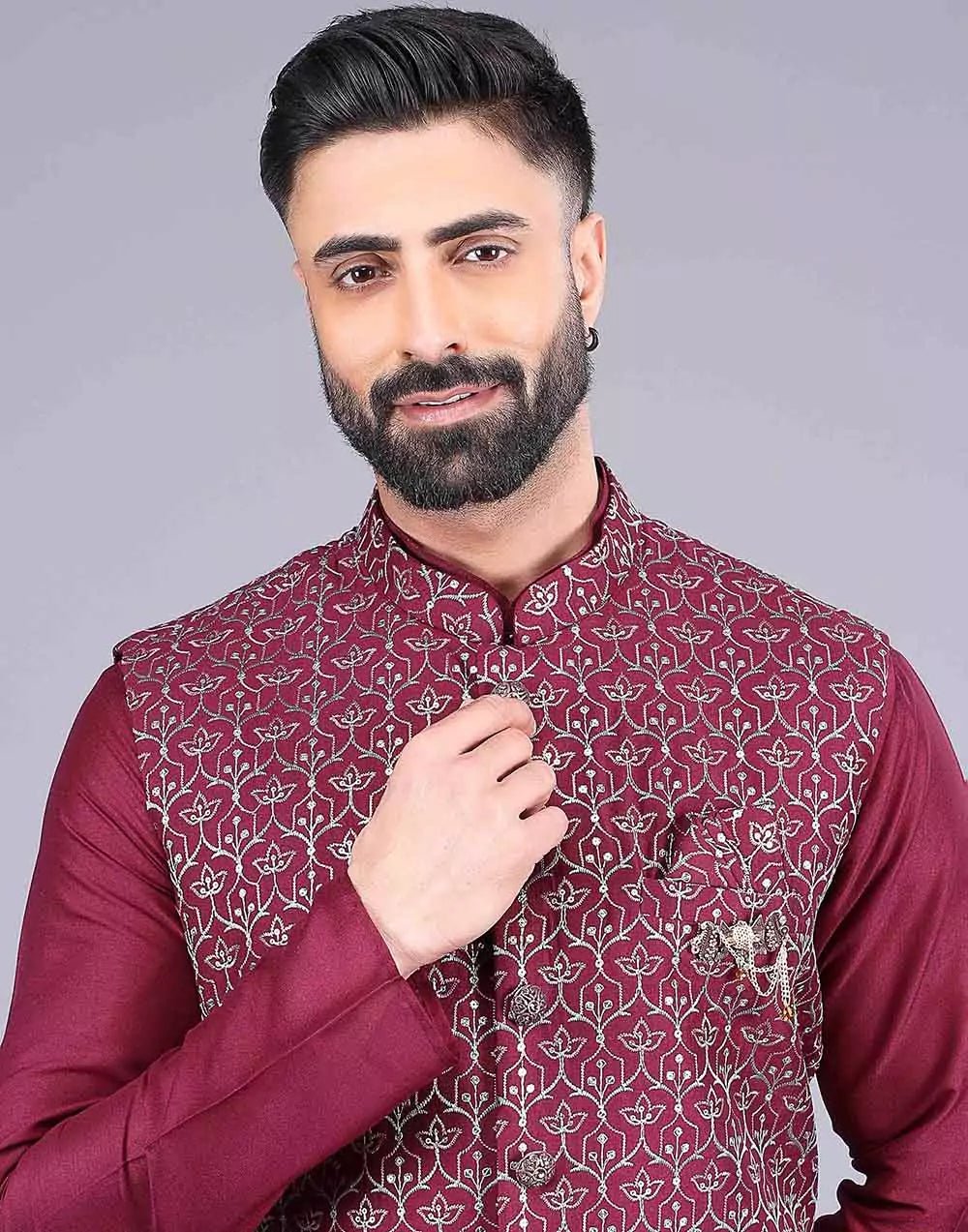 Image of Floral Design Maroon Embroidery Work Jacquard Kurta Set - South India Shopping Mall