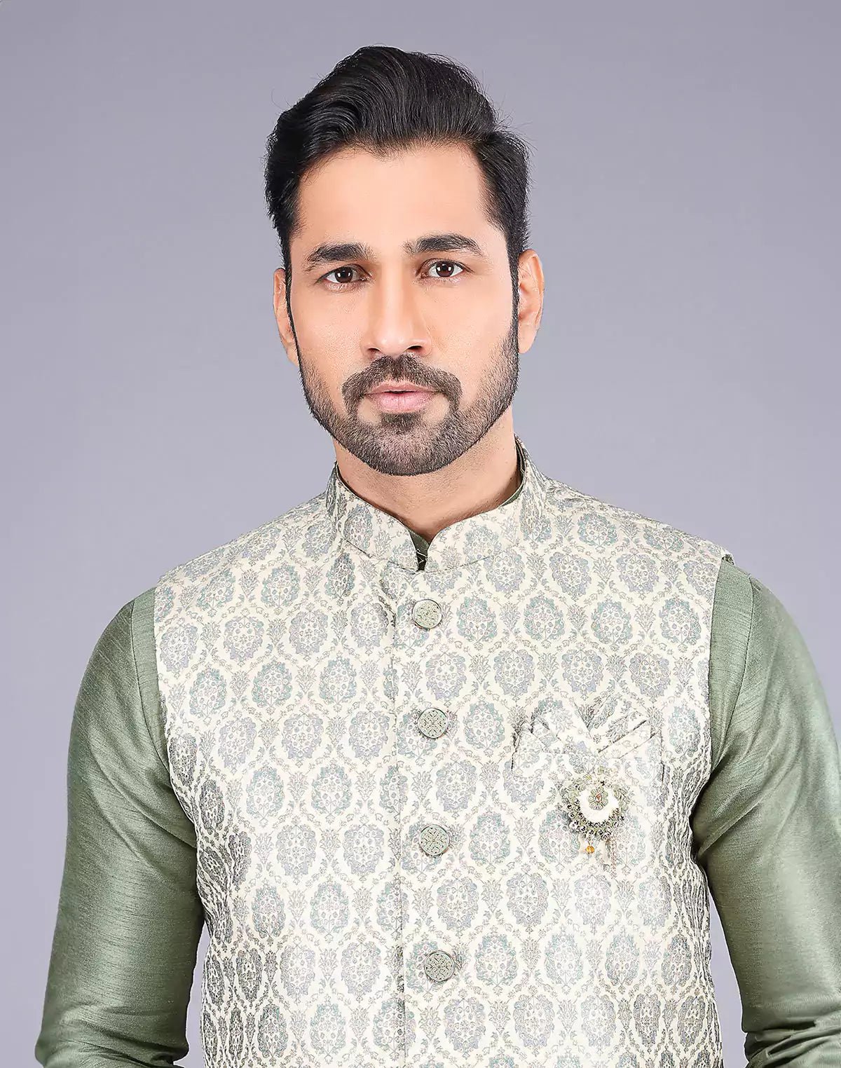 Image of Floral Design Pista Colour Raw Silk Thread work Kurta Jacket Set - South India Shopping Mall