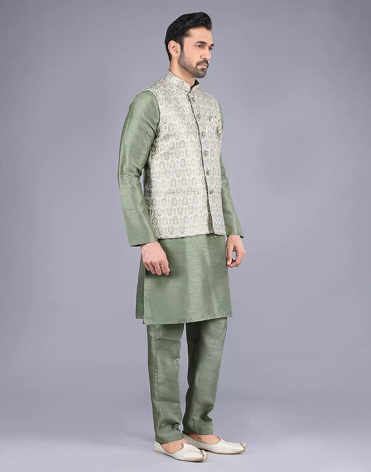 Image of Floral Design Pista Colour Raw Silk Thread work Kurta Jacket Set - South India Shopping Mall