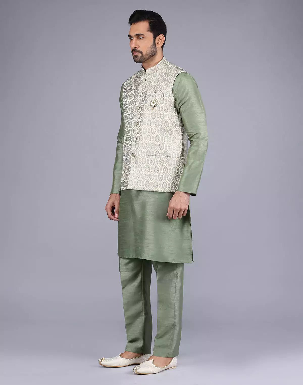 Image of Floral Design Pista Colour Raw Silk Thread work Kurta Jacket Set - South India Shopping Mall