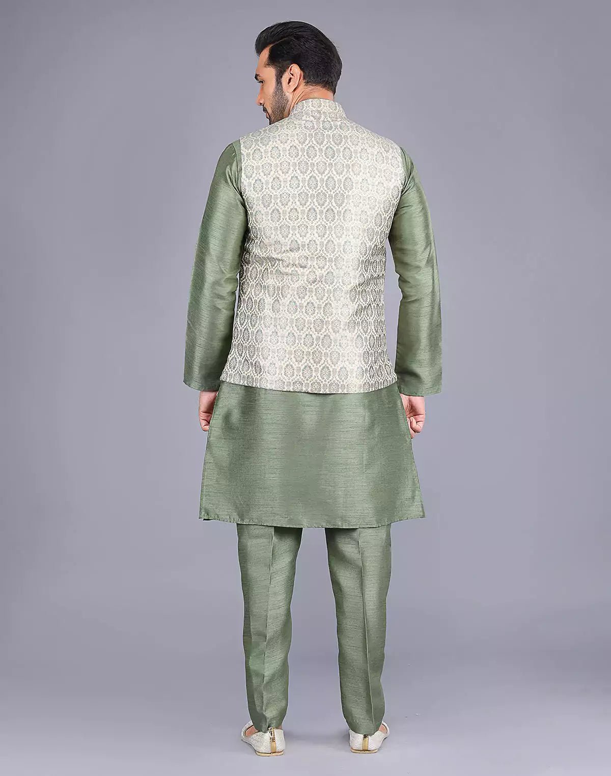 Image of Floral Design Pista Colour Raw Silk Thread work Kurta Jacket Set - South India Shopping Mall