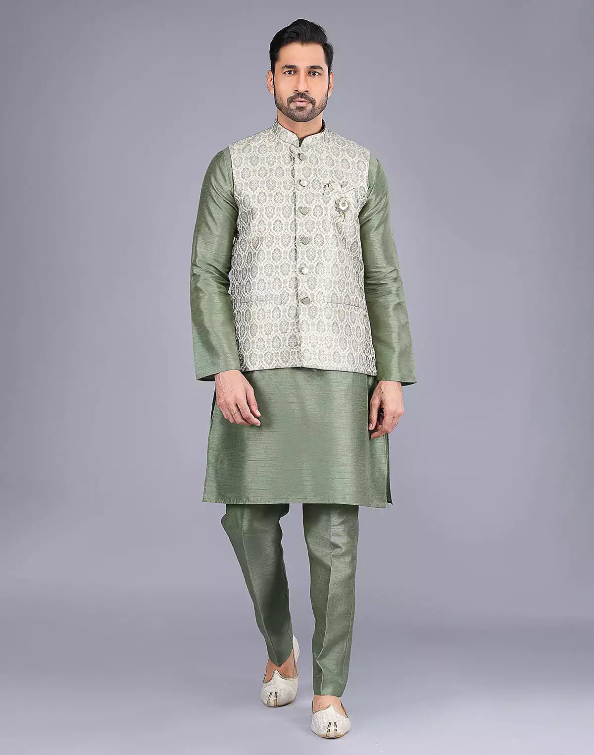 Image of Floral Design Pista Colour Raw Silk Thread work Kurta Jacket Set - South India Shopping Mall
