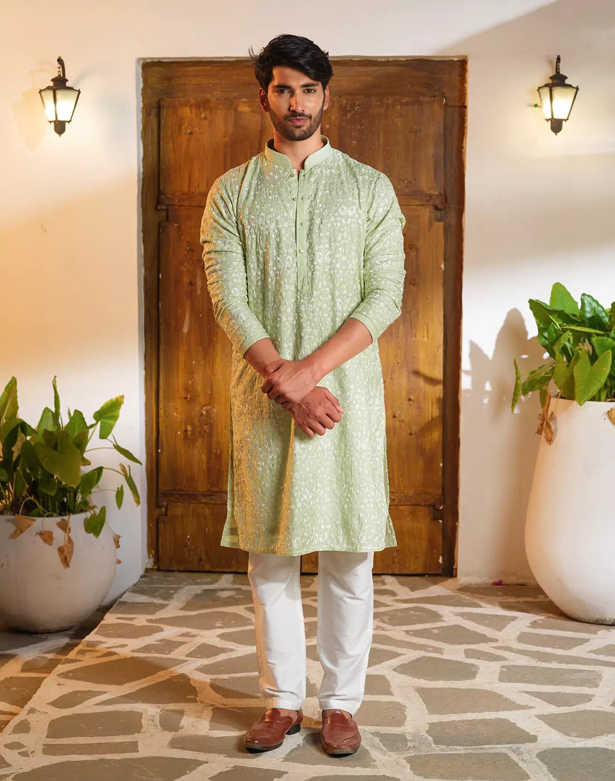 Image of Floral Design Pista Coloured Chikankari work Kurta Pyjama Set - South India Shopping Mall