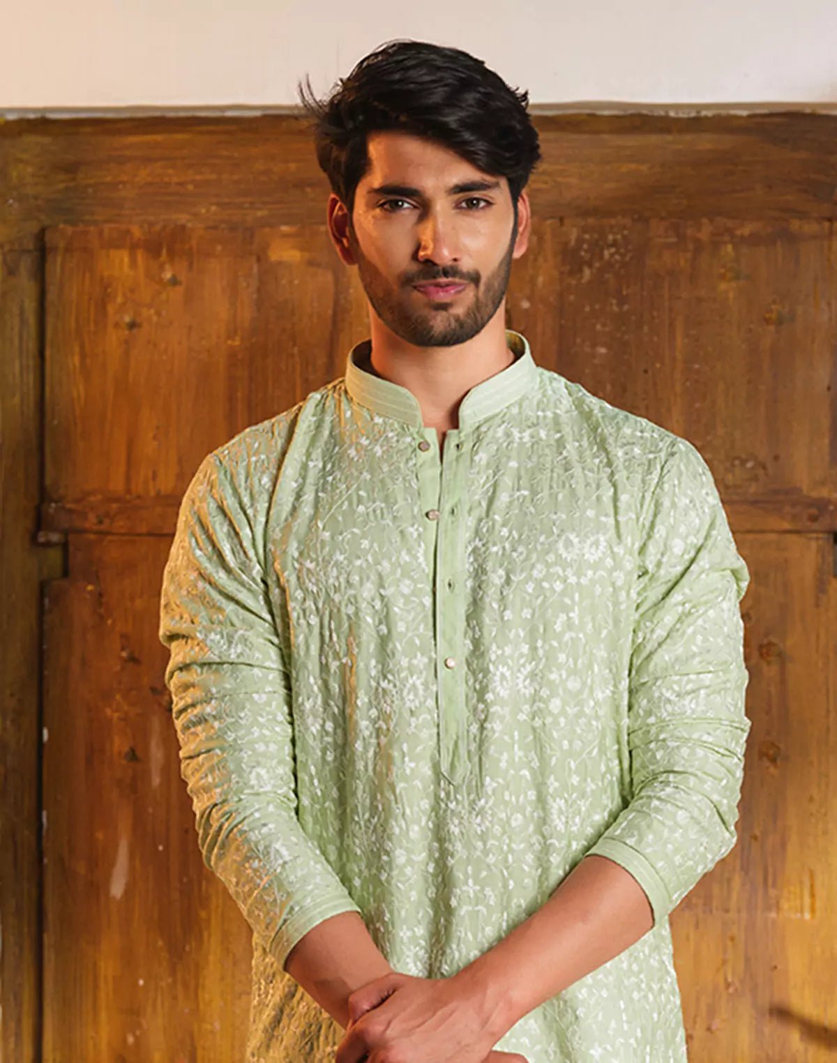 Image of Floral Design Pista Coloured Chikankari work Kurta Pyjama Set - South India Shopping Mall
