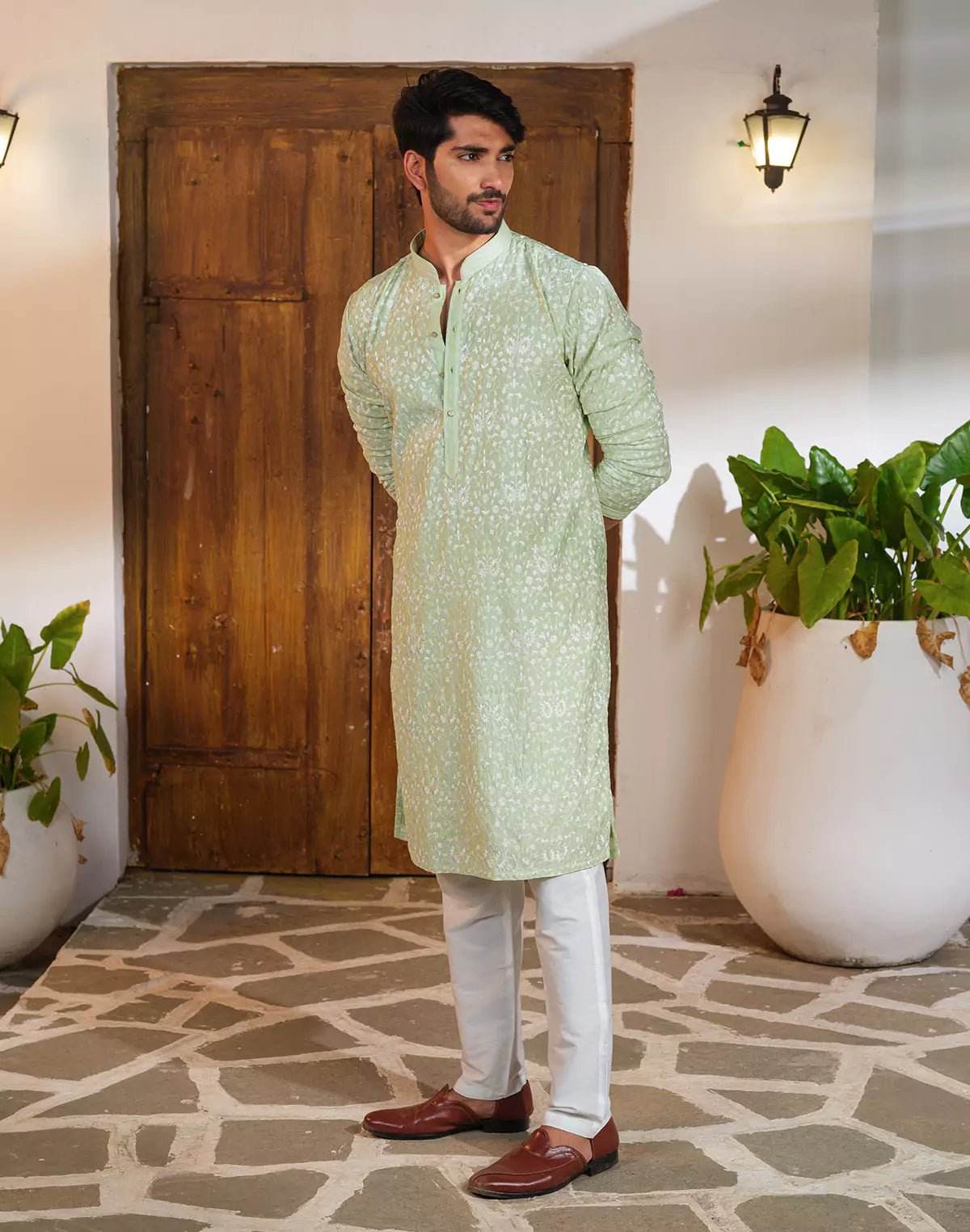 Image of Floral Design Pista Coloured Chikankari work Kurta Pyjama Set - South India Shopping Mall