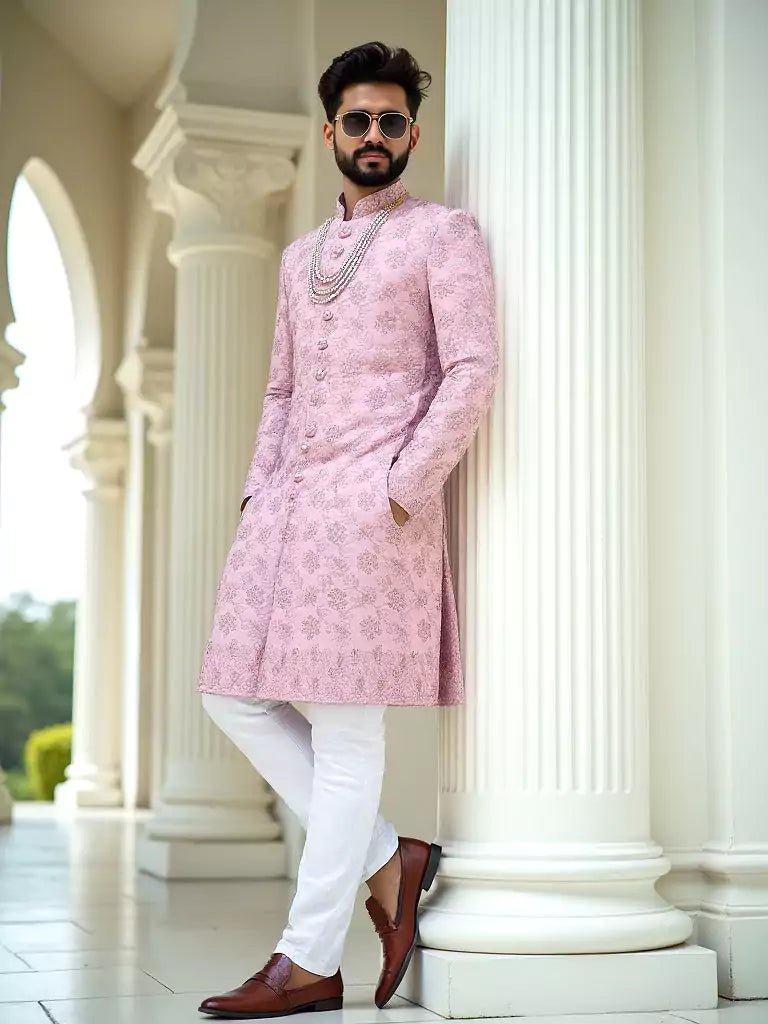 Image of Floral Design Raw Silk Onion Colour Stones with Embroidery work Indo - Western Set - South India Shopping Mall