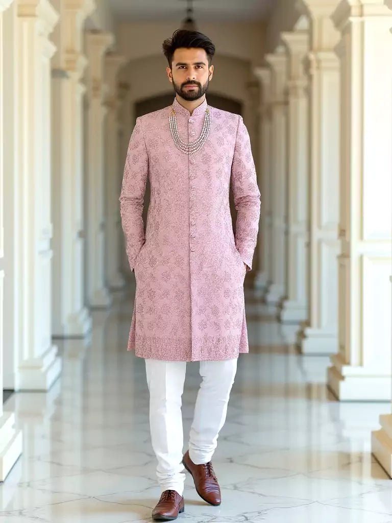 Image of Floral Design Raw Silk Onion Colour Stones with Embroidery work Indo - Western Set - South India Shopping Mall