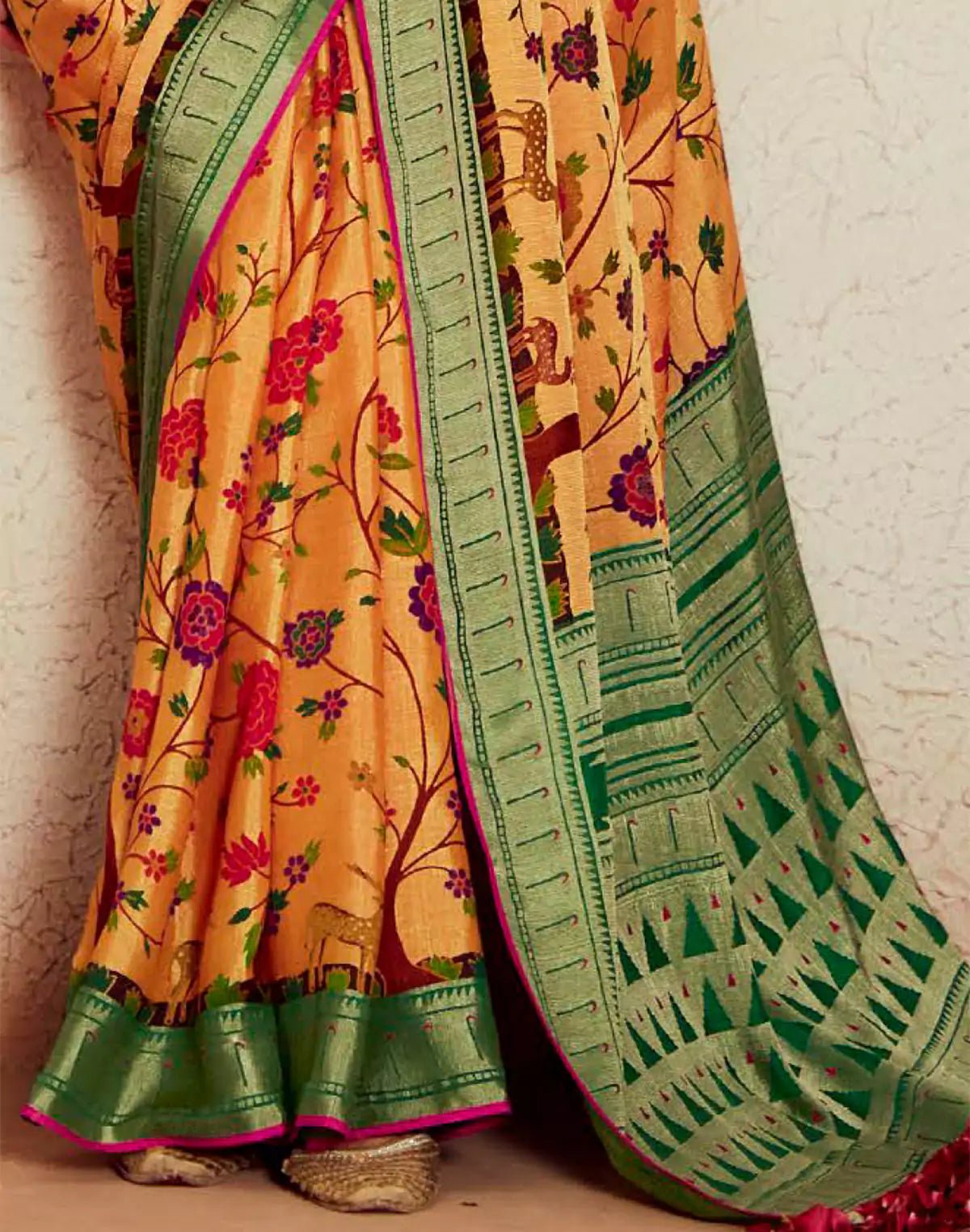 Image of Floral Design Soft Brasso Silk Saree in Light Orange - South India Shopping Mall