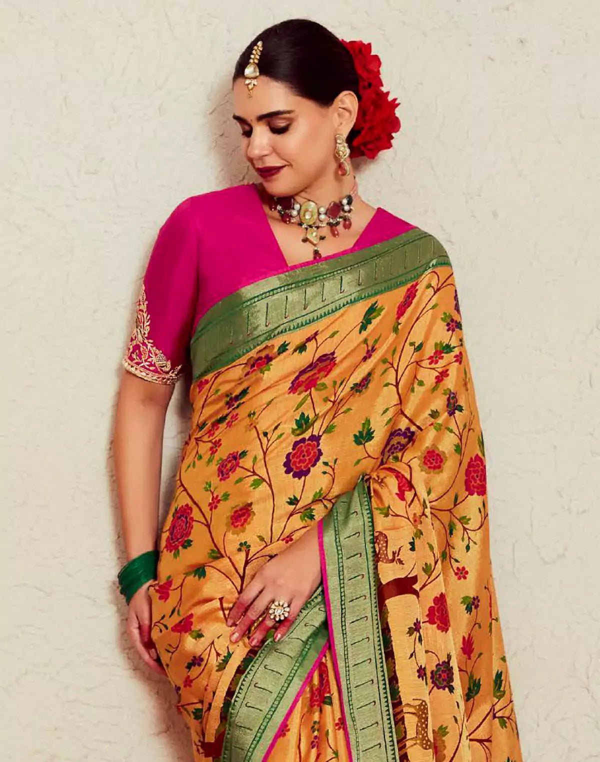 Image of Floral Design Soft Brasso Silk Saree in Light Orange - South India Shopping Mall