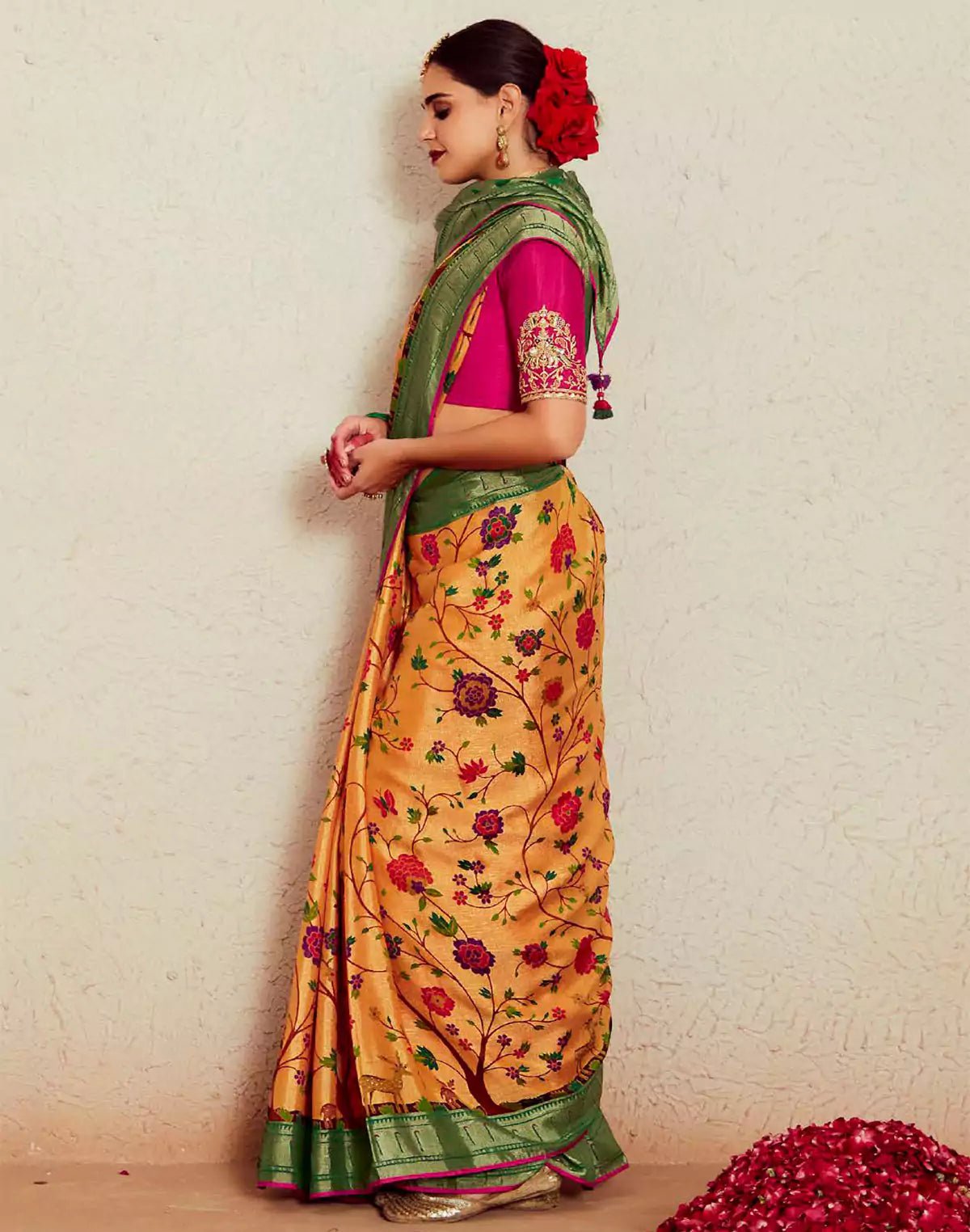 Image of Floral Design Soft Brasso Silk Saree in Light Orange - South India Shopping Mall