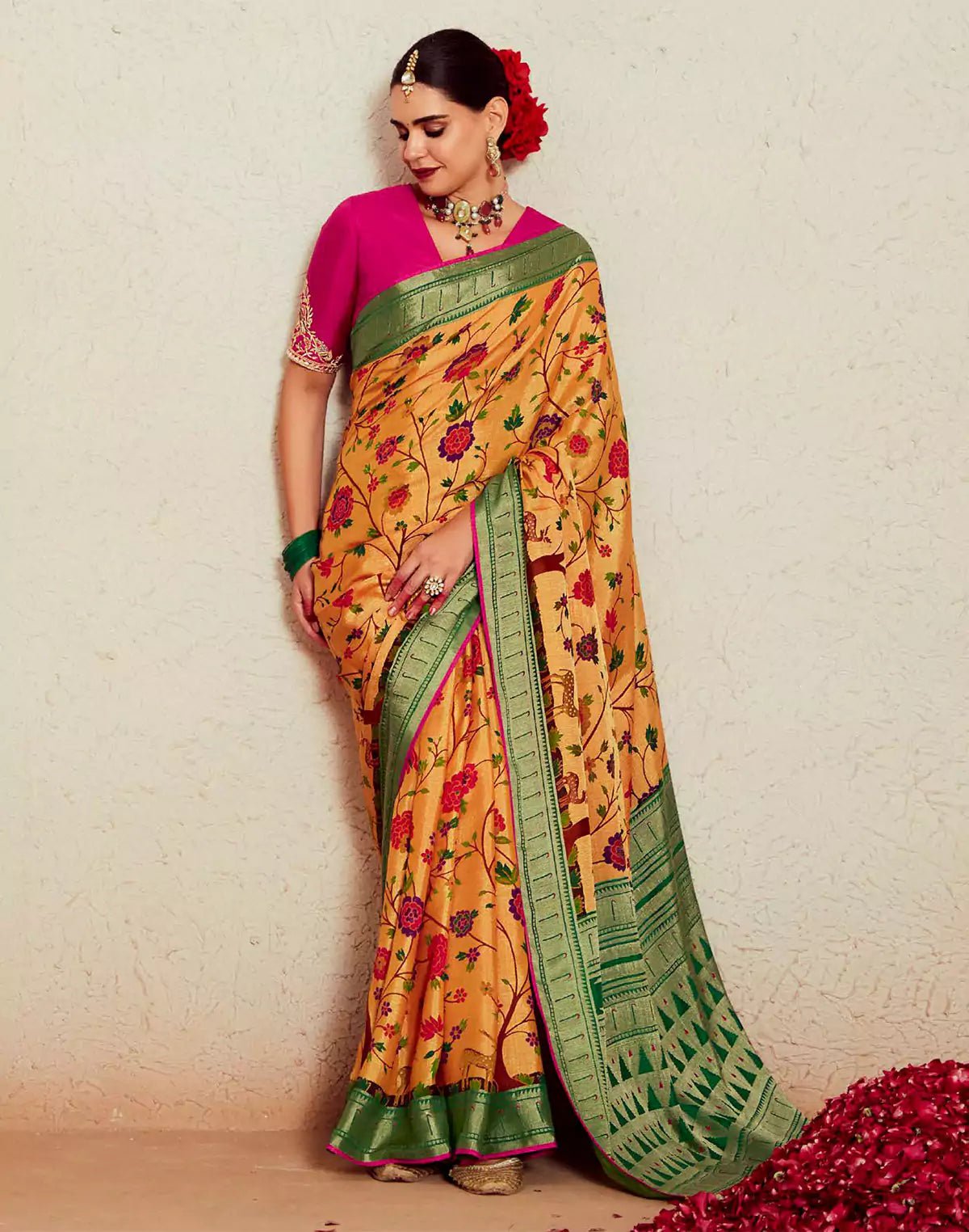 Image of Floral Design Soft Brasso Silk Saree in Light Orange - South India Shopping Mall